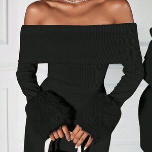 Black Casual Women's Patchwork Furry Cuff Off Shoulder Fitted Blouse